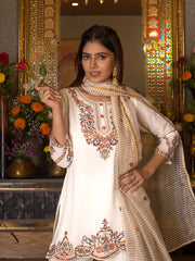 White Georgette Thread Embroidered Kurta Sharara Sets with Dupatta