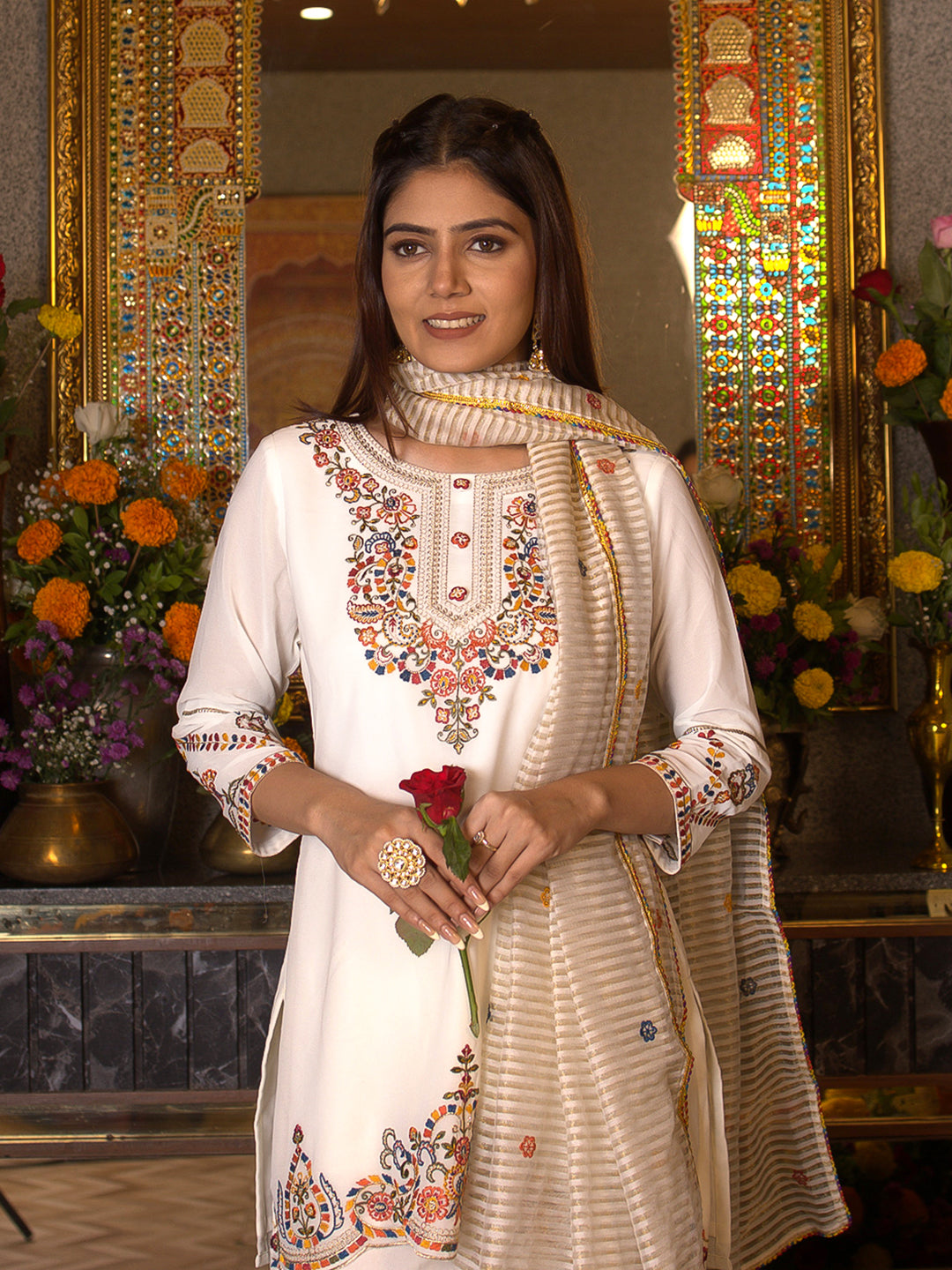 White Georgette Thread Embroidered Kurta Sharara Sets with Dupatta