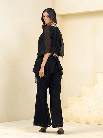 Black Georgette Solid With Zari Embroidery Belt Kurta With Sharara