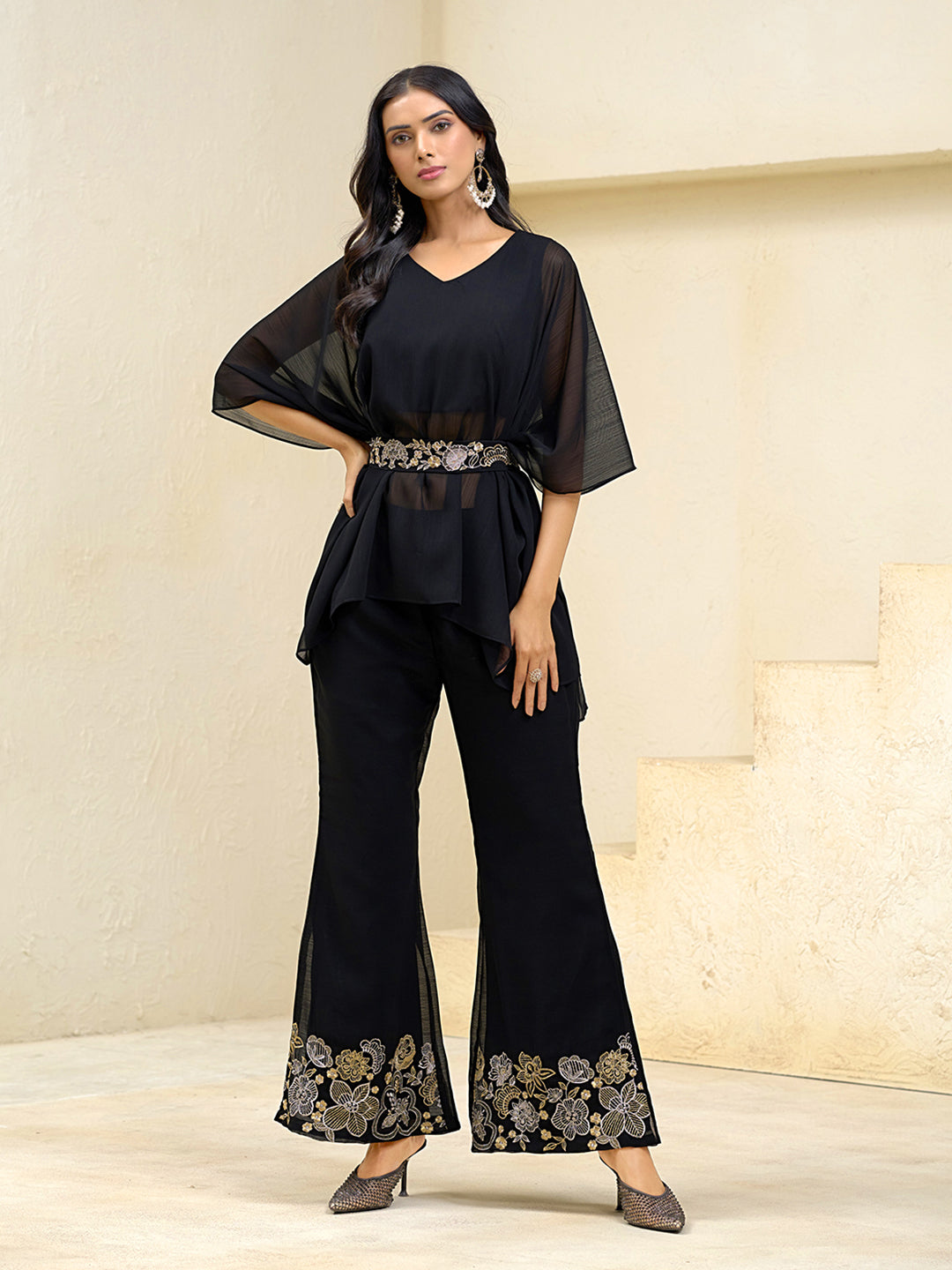 Black Georgette Solid With Zari Embroidery Belt Kurta With Sharara