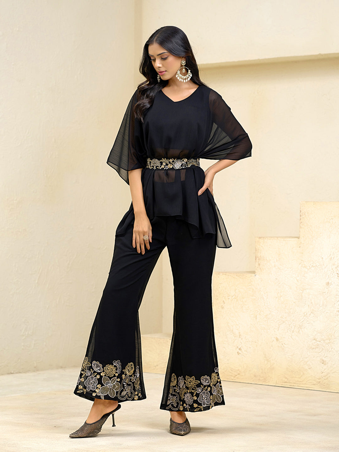 Black Georgette Solid With Zari Embroidery Belt Kurta With Sharara