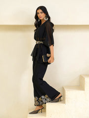 Black Georgette Solid With Zari Embroidery Belt Kurta With Sharara