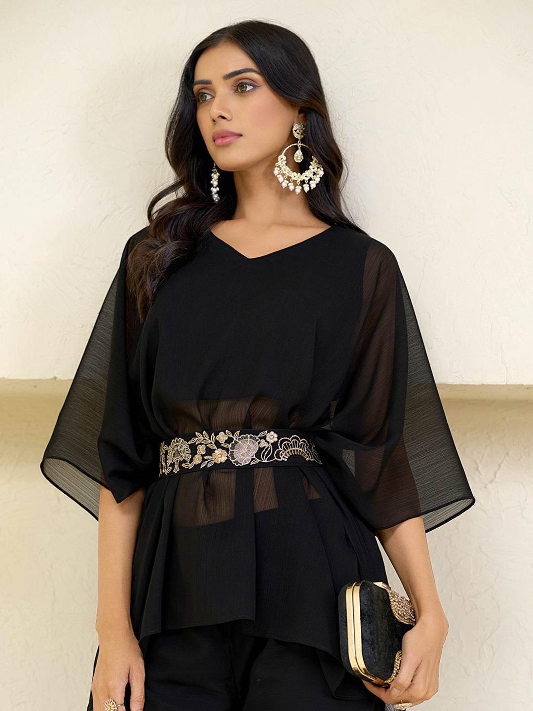 Black Georgette Solid With Zari Embroidery Belt Kurta With Sharara