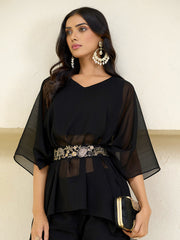 Black Georgette Solid With Zari Embroidery Belt Kurta With Sharara