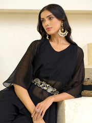 Black Georgette Solid With Zari Embroidery Belt Kurta With Sharara