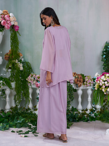 Lavendar Georgette Zari sequence Thread Embroidery Kurta With Drape Skirt