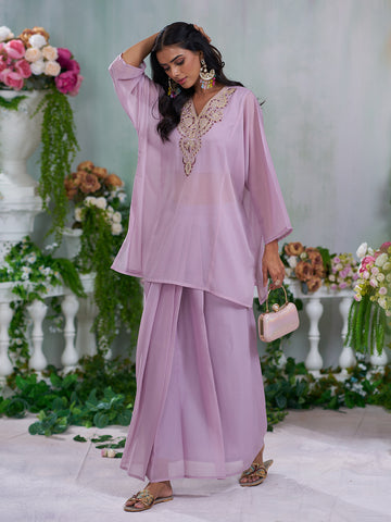 Lavendar Georgette Zari sequence Thread Embroidery Kurta With Drape Skirt