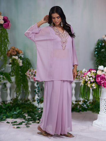 Lavendar Georgette Zari sequence Thread Embroidery Kurta With Drape Skirt