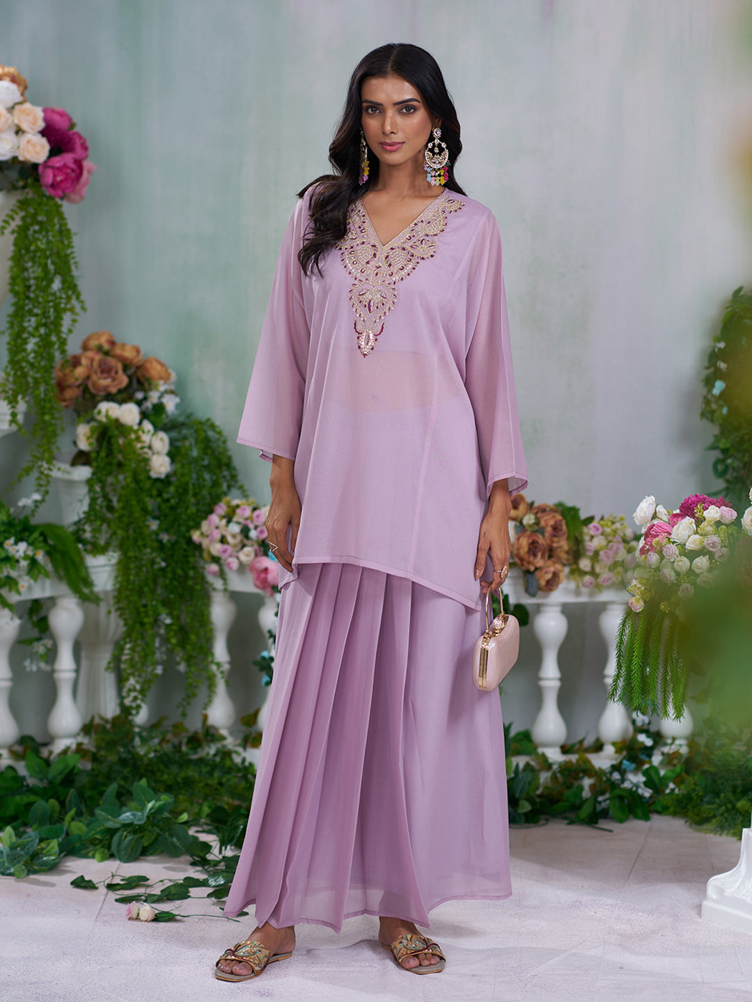 Lavendar Georgette Zari sequence Thread Embroidery Kurta With Drape Skirt