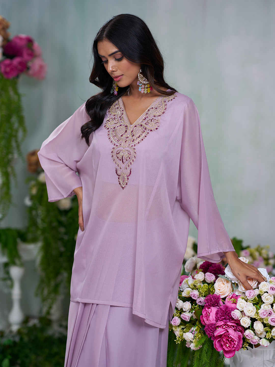 Dusty Lilac Embroidered Top with Blouse and Drape Skirt
