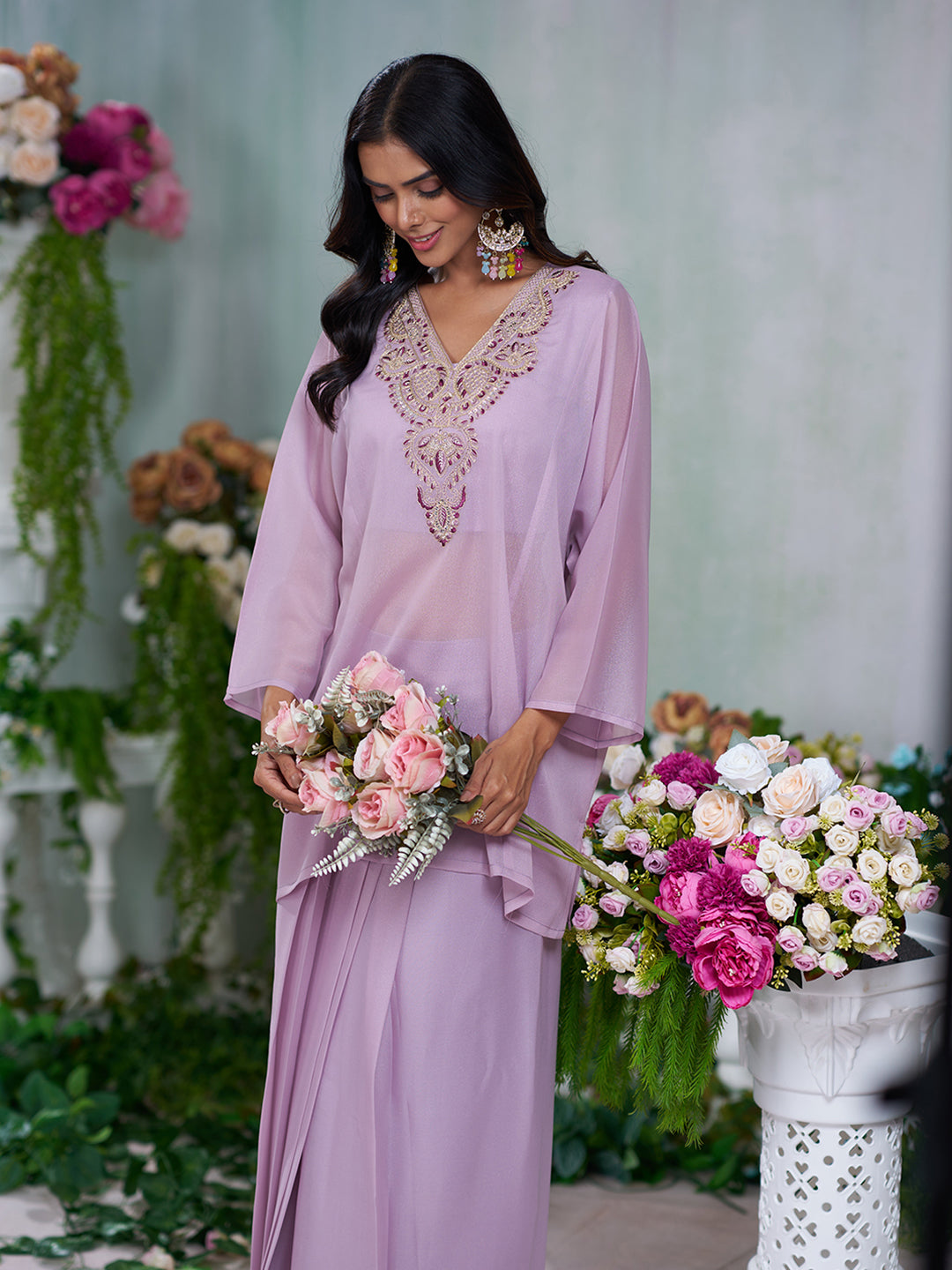 Lavendar Georgette Zari sequence Thread Embroidery Kurta With Drape Skirt