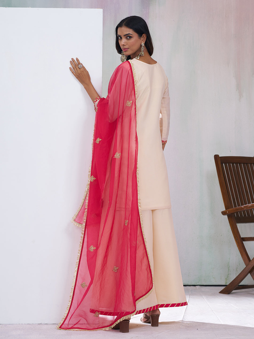 Cream Palazzo Set with Red Embroidery & Dupatta