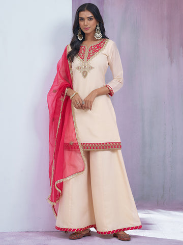 Cream Silk Blend Zari Sequence Embroidered Kurta With Pant And Dupatta