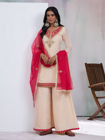 Cream Palazzo Set with Red Embroidery & Dupatta