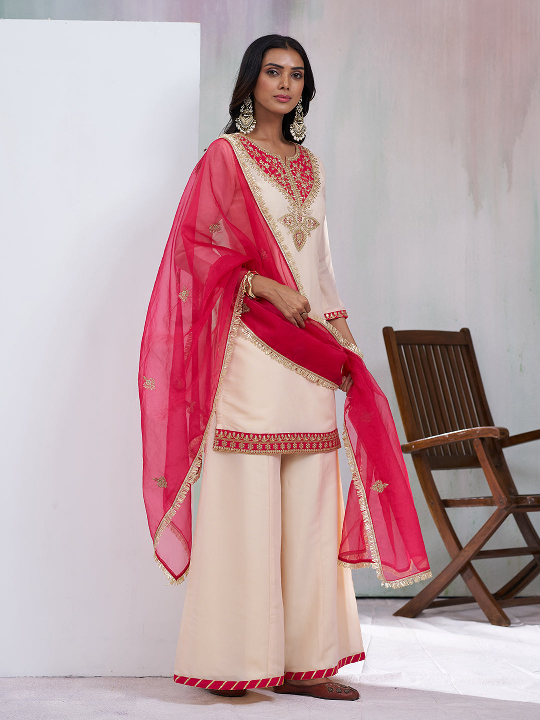 Cream Palazzo Set with Red Embroidery & Dupatta