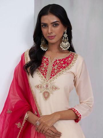 Cream Palazzo Set with Red Embroidery & Dupatta