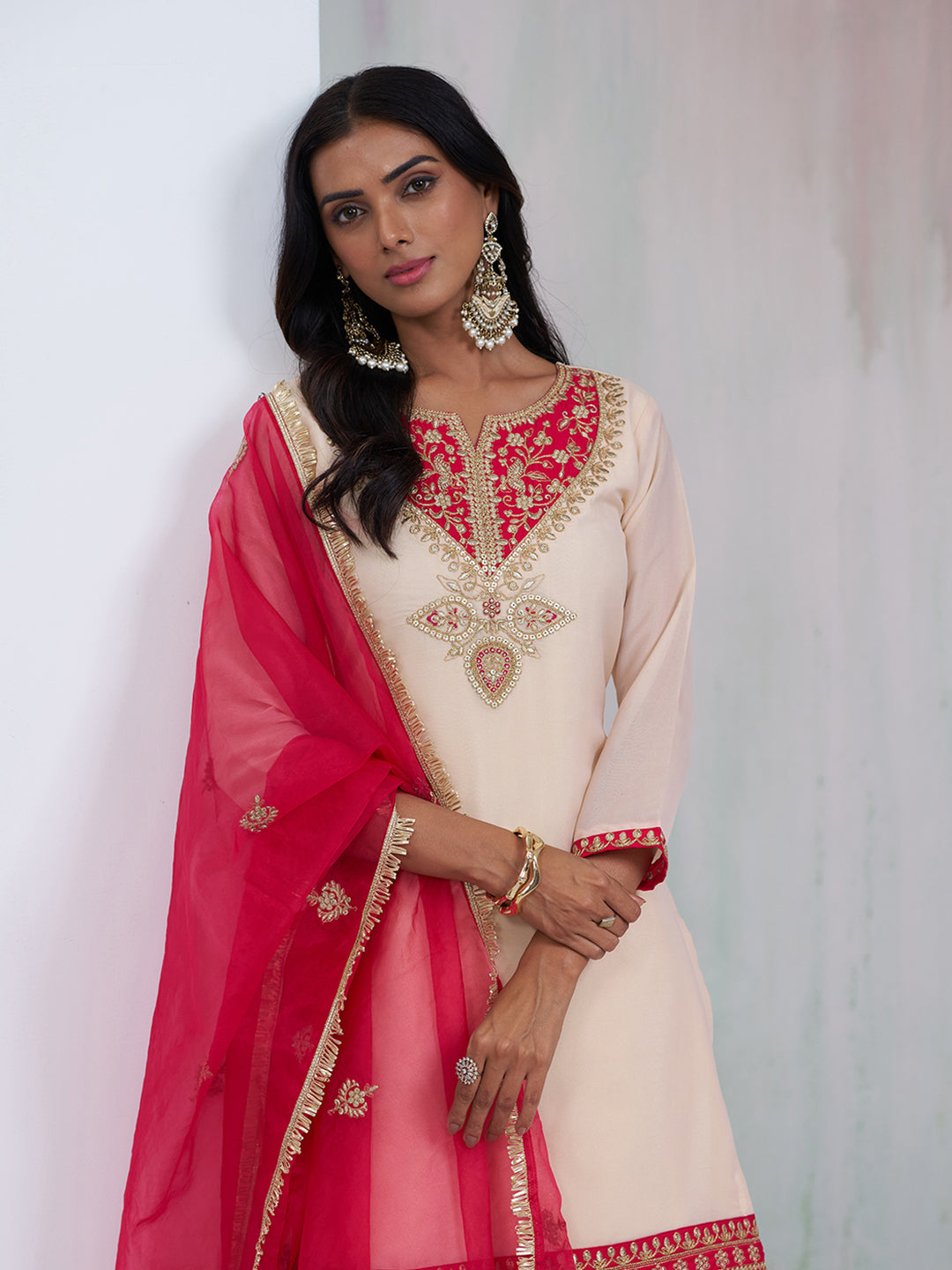 Cream Palazzo Set with Red Embroidery & Dupatta
