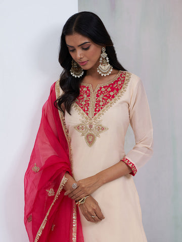 Cream Palazzo Set with Red Embroidery & Dupatta