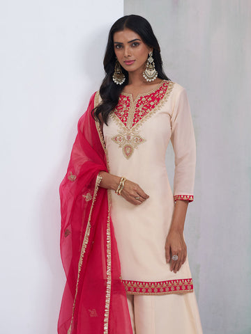 Cream Palazzo Set with Red Embroidery & Dupatta