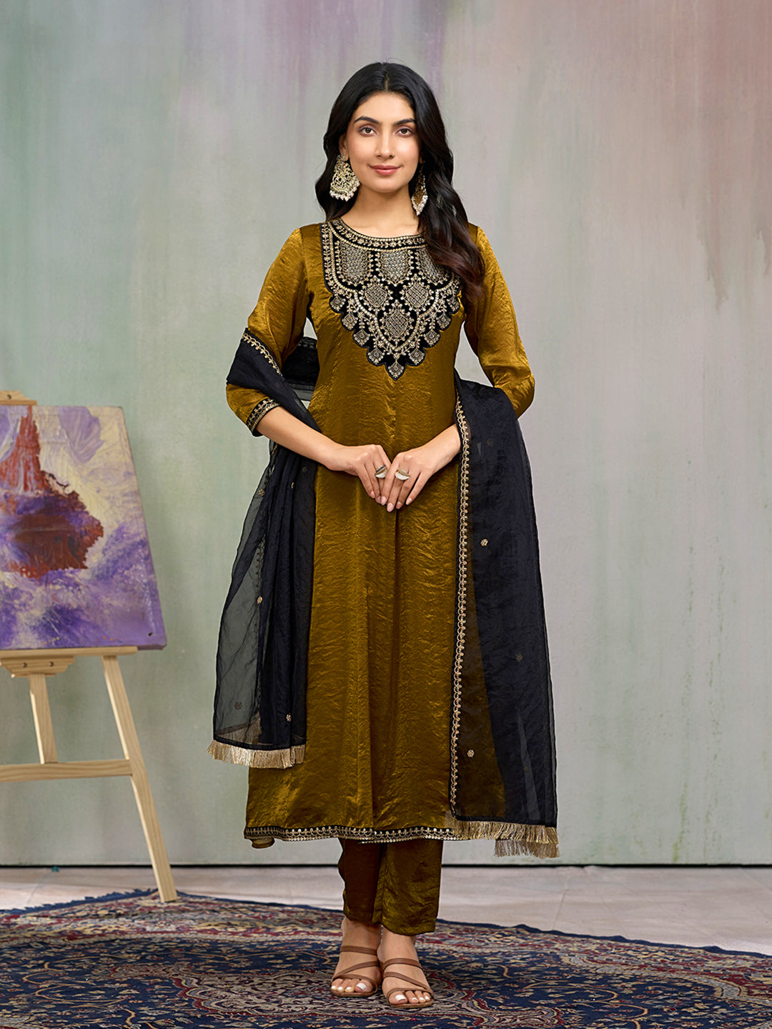 Mustard Silk Blend Zari Sequence Kurta with Pant and Dupatta