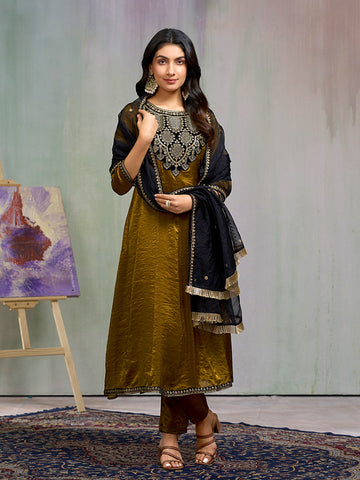 Golden Kurta Set with Embroidered Dupatta