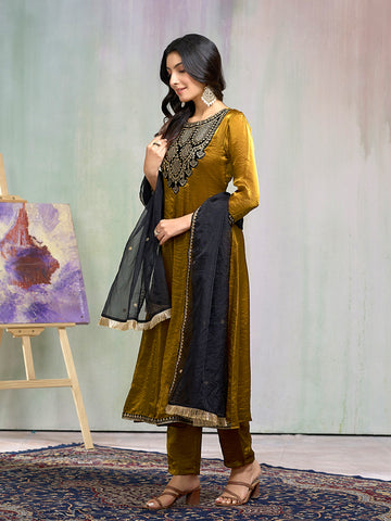 Mustard Silk Blend Zari Sequence Kurta with Pant and Dupatta