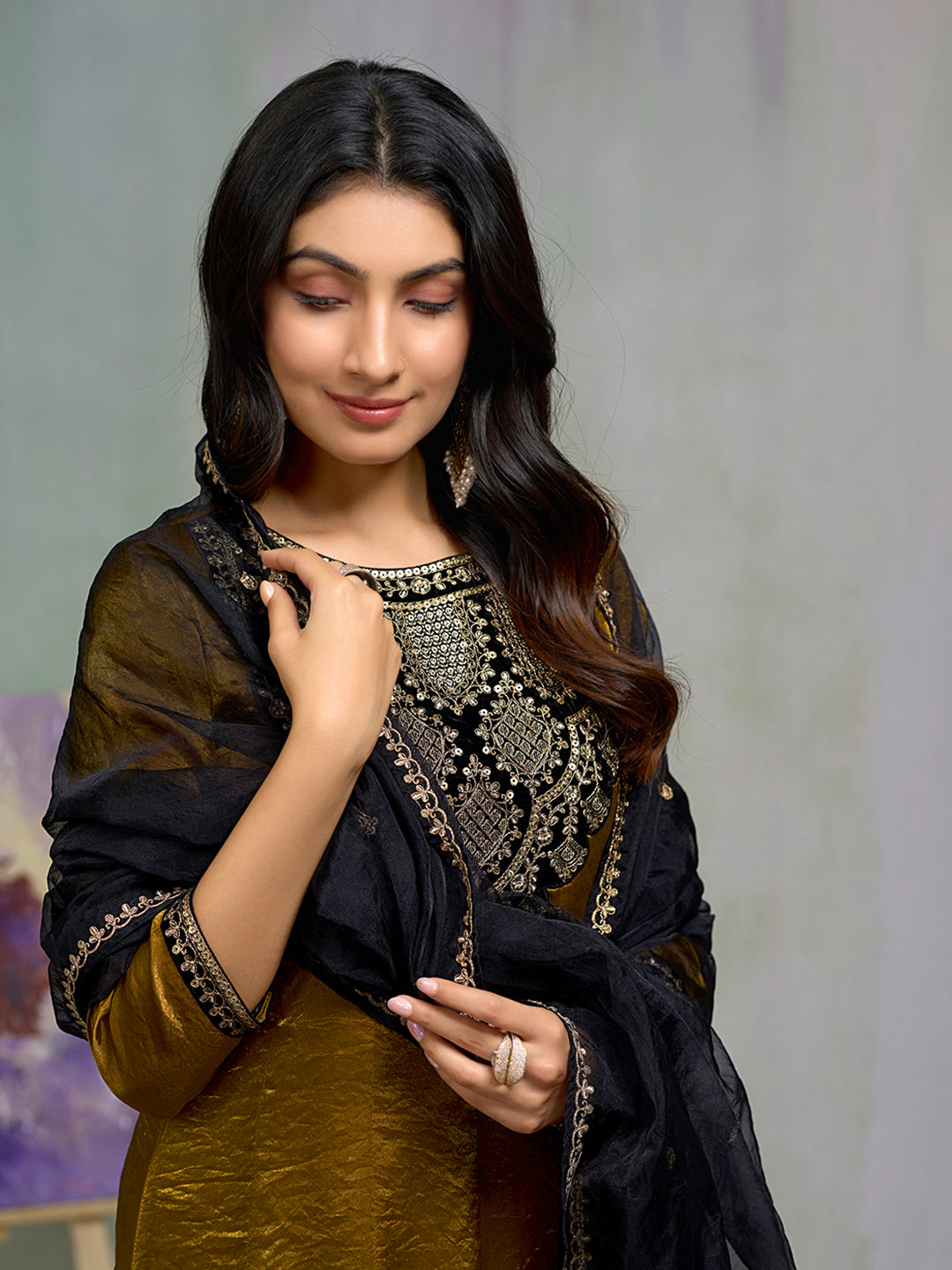 Mustard Silk Blend Zari Sequence Kurta with Pant and Dupatta