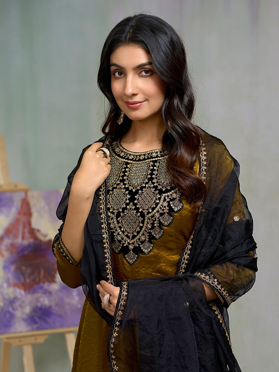 Mustard Silk Blend Zari Sequence Kurta with Pant and Dupatta