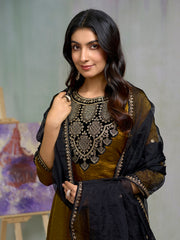 Mustard Silk Blend Zari Sequence Kurta with Pant and Dupatta