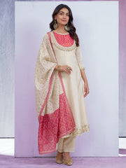 Off-White & Pink Silk Blend Zari Embroidered Kurta With Pant And Dupatta