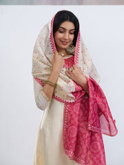 Off-White & Pink Silk Blend Zari Embroidered Kurta With Pant And Dupatta
