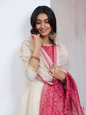 Off-White & Pink Silk Blend Zari Embroidered Kurta With Pant And Dupatta