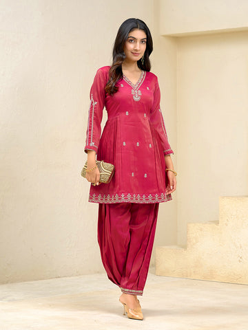 Pink Silk Blend Zari Cording Sequence Embroidered Kurta With Pant