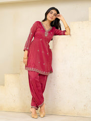 Pink Silk Blend Zari Cording Sequence Embroidered Kurta With Pant