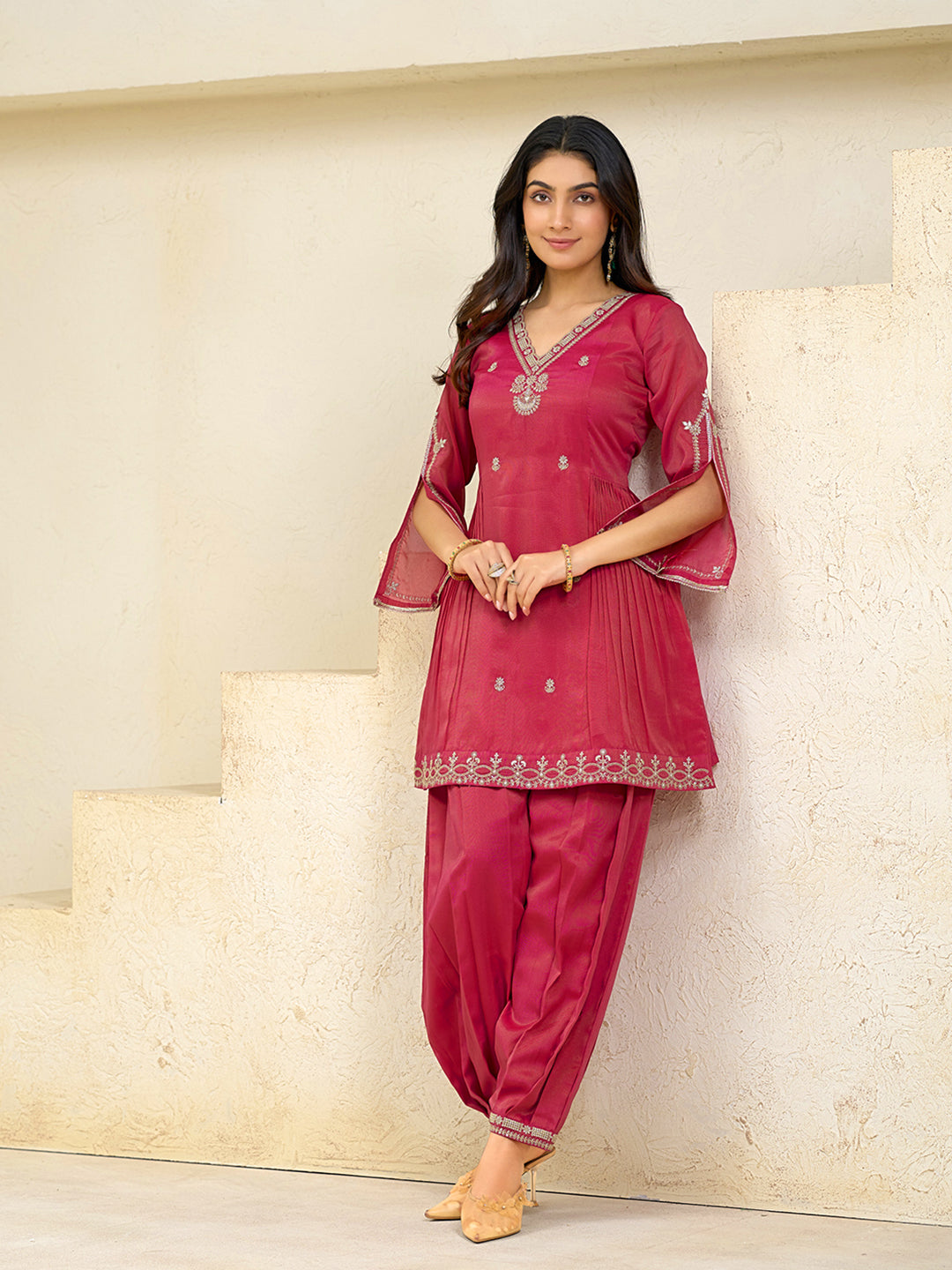 Pink Embroidered Kurta Set with Dhoti Pants