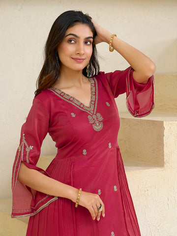 Pink Silk Blend Zari Cording Sequence Embroidered Kurta With Pant