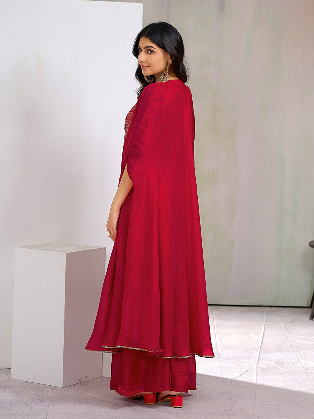 Red Embroidered Co-ord Set with Flared Cape