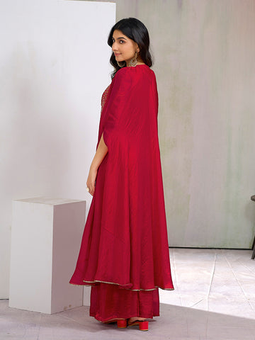 Red Silk Blend Zari Coding thread Embroidery Ethnic Co-Ord Set With Shrug