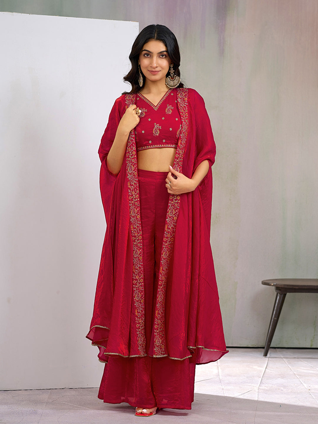 Red Silk Blend Zari Coding thread Embroidery Ethnic Co-Ord Set With Shrug