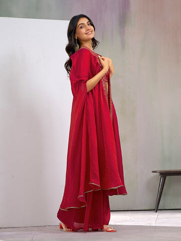 Red Embroidered Co-ord Set with Flared Cape
