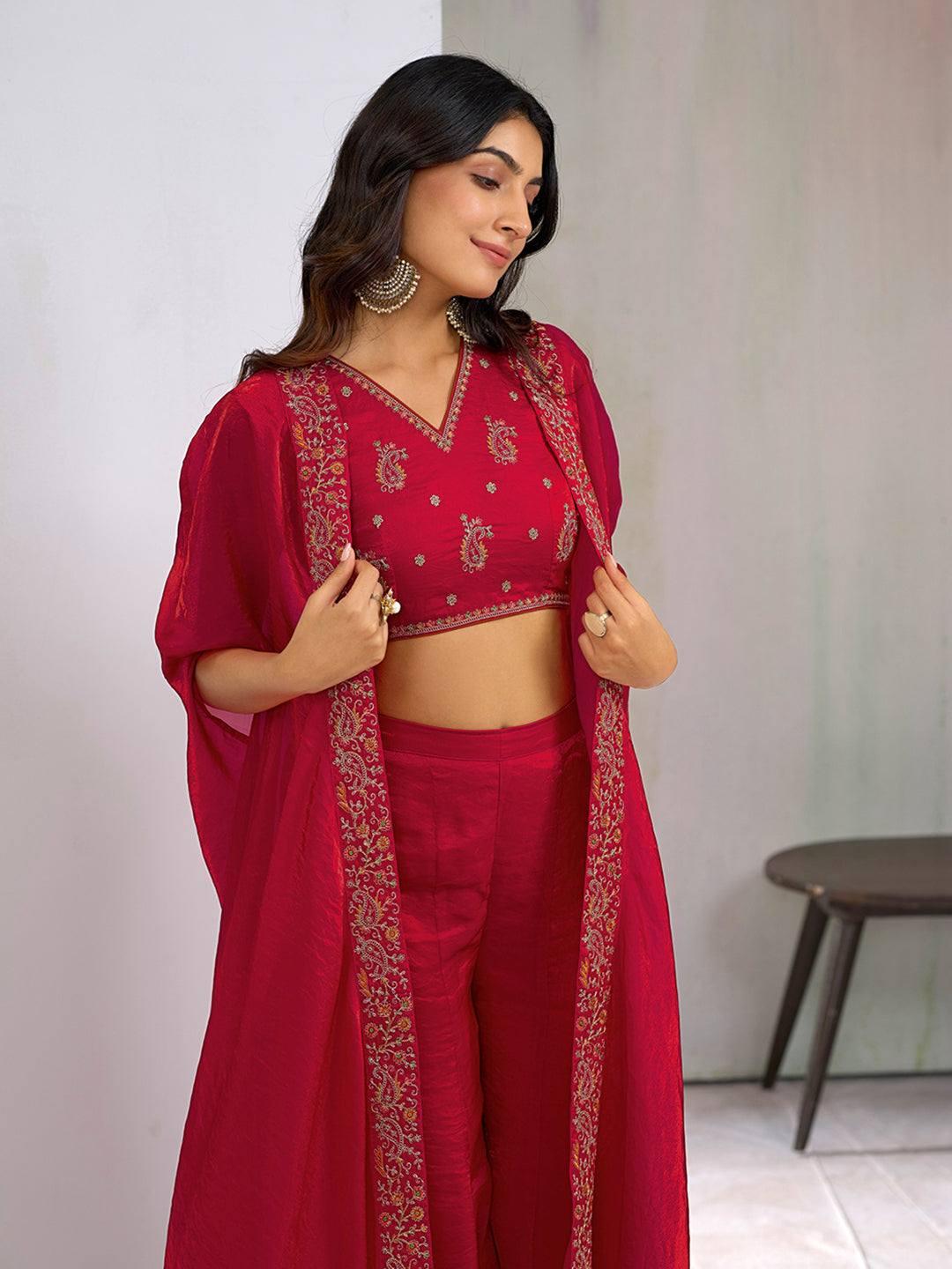 Red Silk Blend Zari Coding thread Embroidery Ethnic Co-Ord Set With Shrug