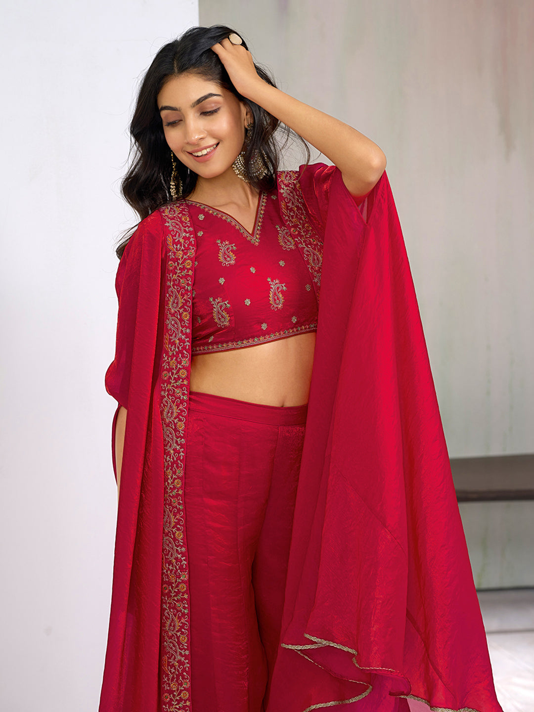 Red Silk Blend Zari Coding thread Embroidery Ethnic Co-Ord Set With Shrug