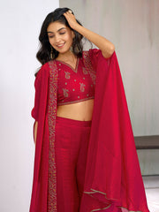 Red Silk Blend Zari Coding thread Embroidery Ethnic Co-Ord Set With Shrug