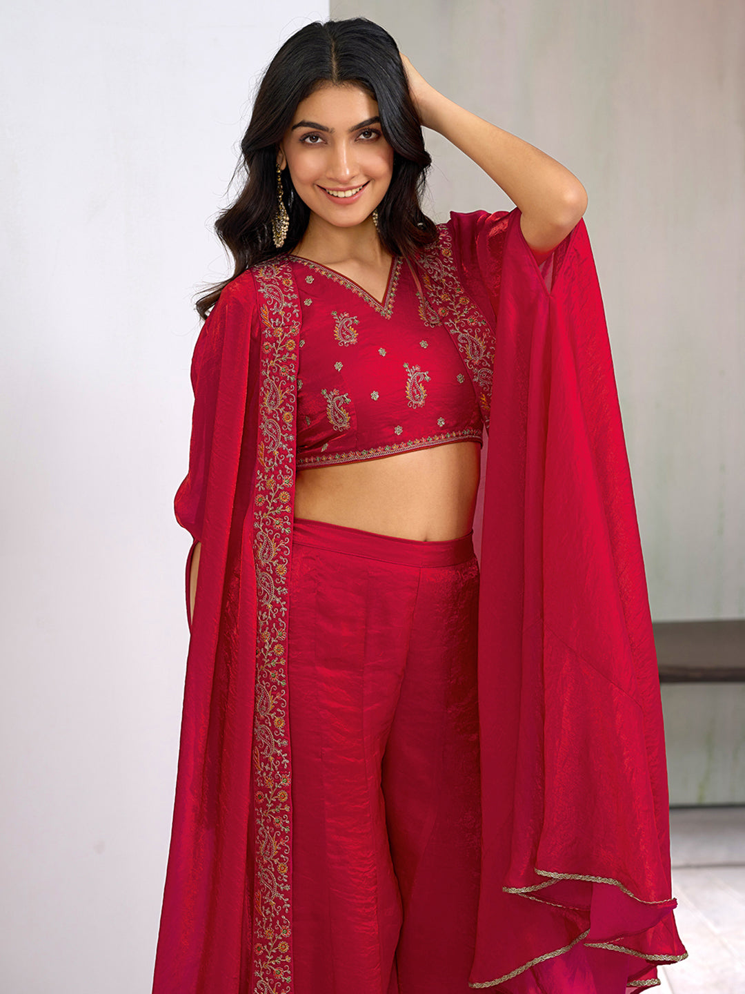 Red Silk Blend Zari Coding thread Embroidery Ethnic Co-Ord Set With Shrug