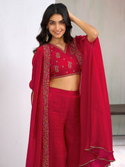 Red Silk Blend Zari Coding thread Embroidery Ethnic Co-Ord Set With Shrug