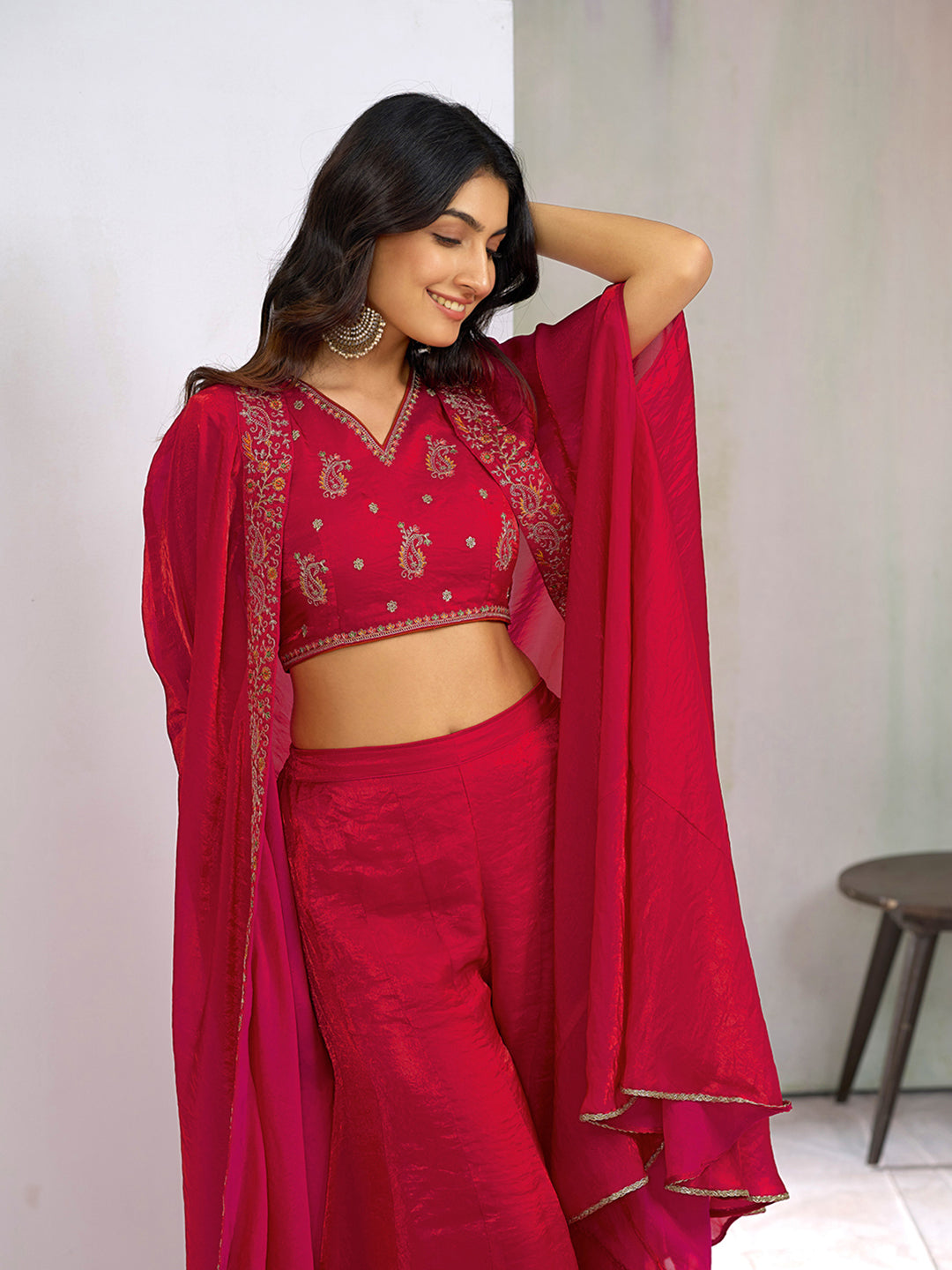 Red Silk Blend Zari Coding thread Embroidery Ethnic Co-Ord Set With Shrug