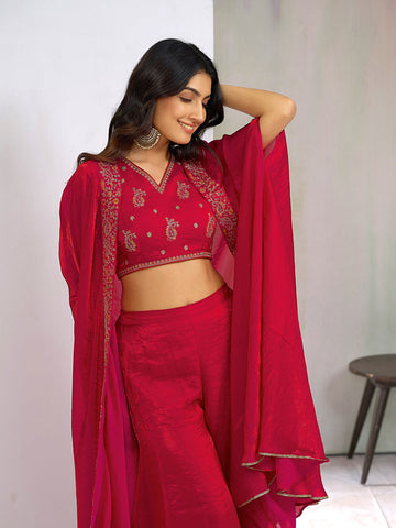 Red Embroidered Co-ord Set with Flared Cape