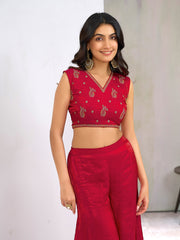 Red Silk Blend Zari Coding thread Embroidery Ethnic Co-Ord Set With Shrug