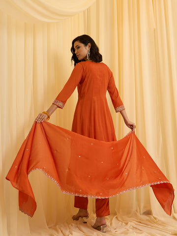 Orange Chinon Zari Sequence Thread Embroidered Kurta with Pant and Dupatta