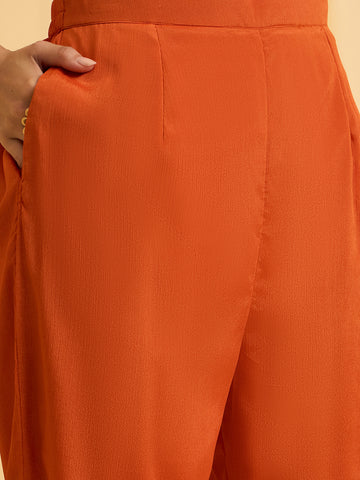 Orange Chinon Zari Sequence Thread Embroidered Kurta with Pant and Dupatta